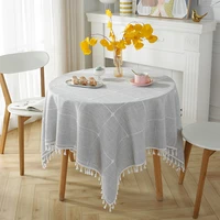plaid round cotton linen tablecloth white tassel table cover round table map round table cloth home dinning table decoration