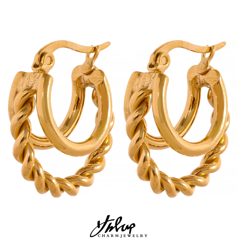 

Yhpup Waterproof Chunky Twisted Metal Texture Geometric Stainless Steel Statement Earrings 18K Gold Plated Trendy Charm Jewelry