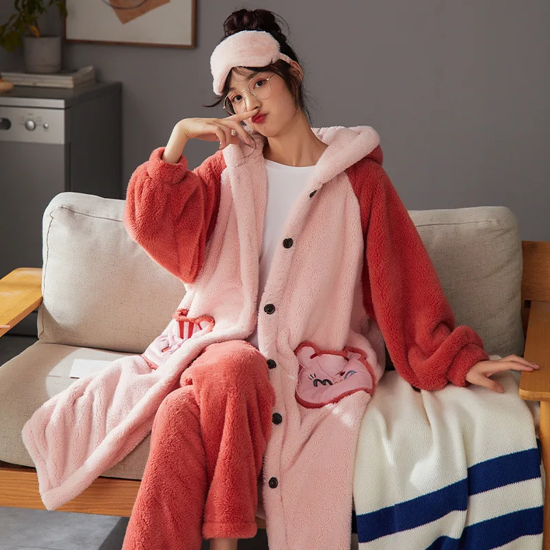 Men's And Women's Flannel Warm Pajamas Coral Fleece Sleepwear Thickened Loungewear Autumn And Winter Pajamas Sets Home Wear