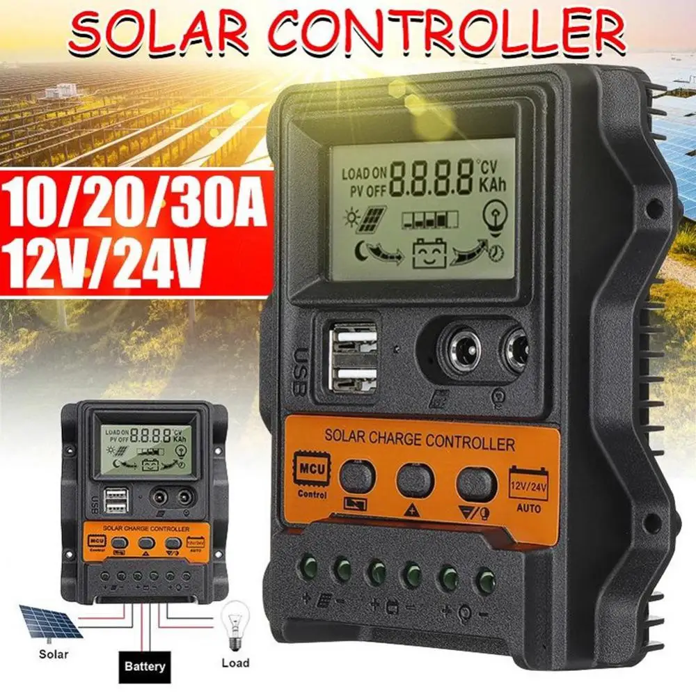 

Солнечный контроллер заряда 10A 20A 30A 12 В/24 В PWM контроллер солнечной панели с двойным жк-дисплеем Постоянного тока зарядное устройство 260 Вт/520 ...