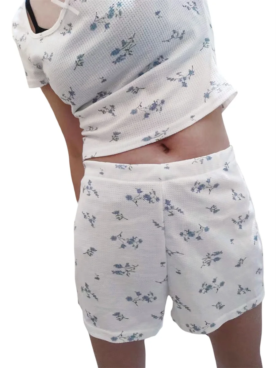 

Women Summer 2 Pieces Clothes Outfits Floral Print Ribbed Scoop Neck Short Sleeve Crop Tops Elastic Waist Shorts Aesthetic Set