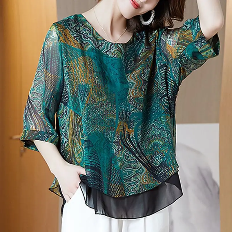 

2023 New Summer Temperament Printing Chiffon O-neck Blouse Short Sleeve Femme Korean Irregular Loose Shirts Women's Fashion Tops