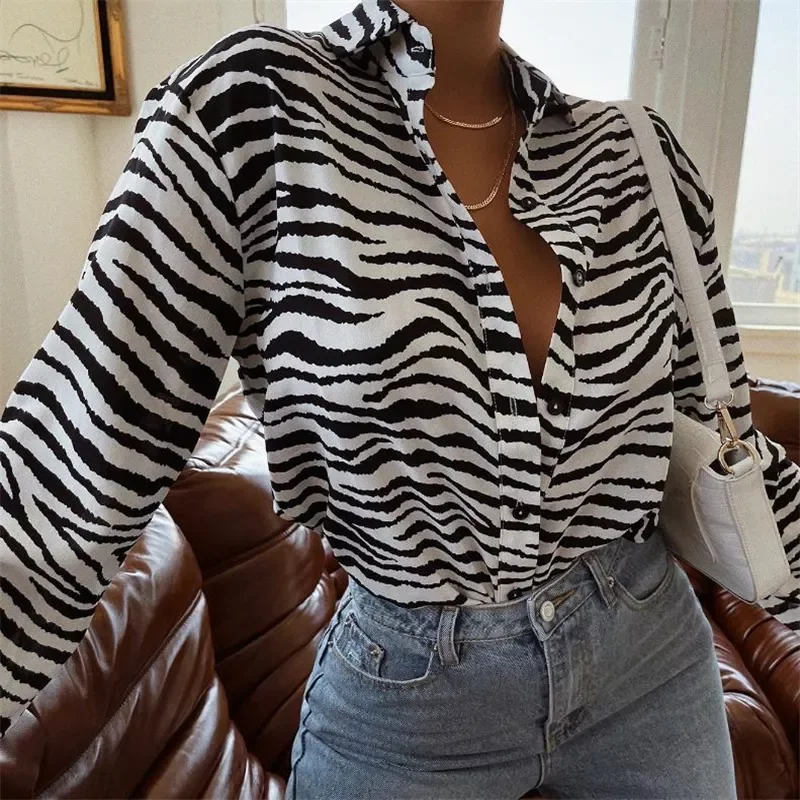 

Dourbesty Fashion Women's Shirts Button Down Lapel Abstract/Zebra Print Long Sleeve Loose Shirt Femme Tops 2021 Autumn New