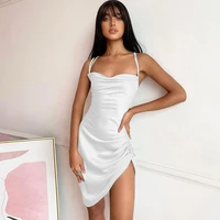 ruched backless cross bandage slip dress summer sexy party club slim sheath dresses white 2021 new solid colors dress bodycon