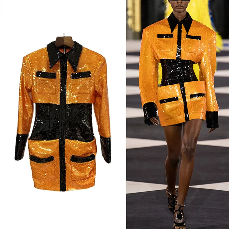 

HIGH STREET 2022 Latest Designer Dress Women's Color Block Smocked Waist Bling Sequined Dress