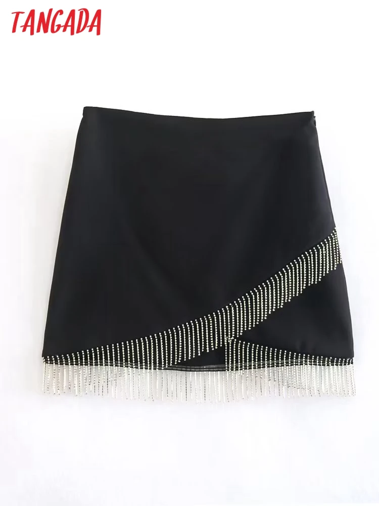 

Tangada 2022 Women Beading Short Skirts Zipper French Style Female Mini Skirt 6X75