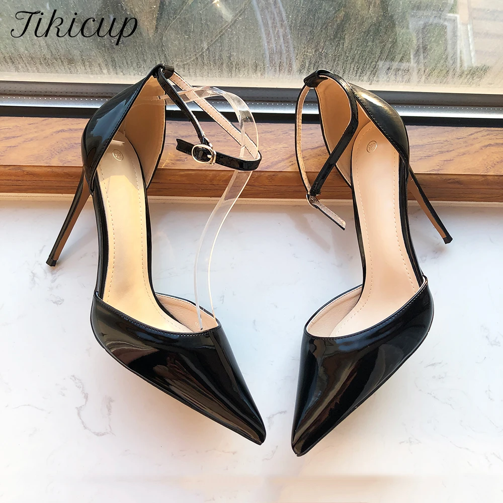 

Tikicup Ankle Strap Women Solid Black Patent Pointy Toe High Heel Shoes Elegant Ladies D'Orsay Stiletto Pumps Colors Customize