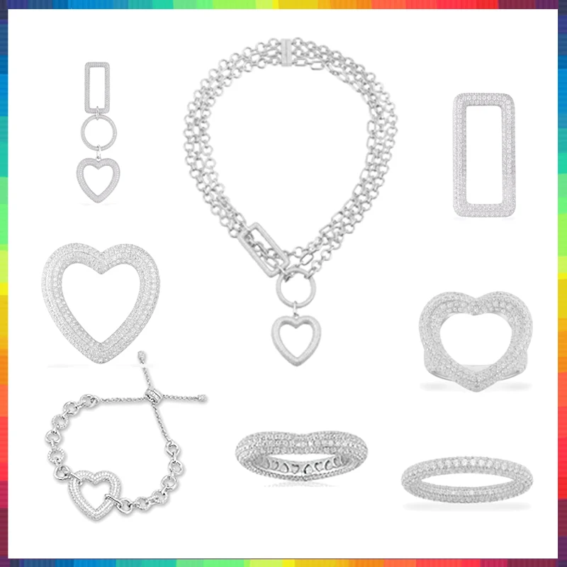 

Геометрическое колье PPMM S925 из стерлингового серебра с полностью алмазным геометрическим кругом и сердцем, трехслойное ожерелье, регулируемый браслет, серьги-гвоздики, кольцо, ювелирные изделия