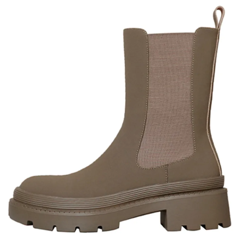 

Spring New Ladies Chelsea Boots Fashion Genuine Leather Cigarette Boots Round Toe Thick Sole Sleeve Back Zipper Women's Shoes