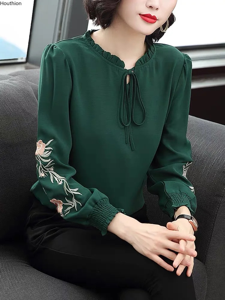

Chiffon Women's Blouse Bow Casual V Neck Shirt New Loose Solid Summer Fashion Long Sleeve Top Lady Houthion