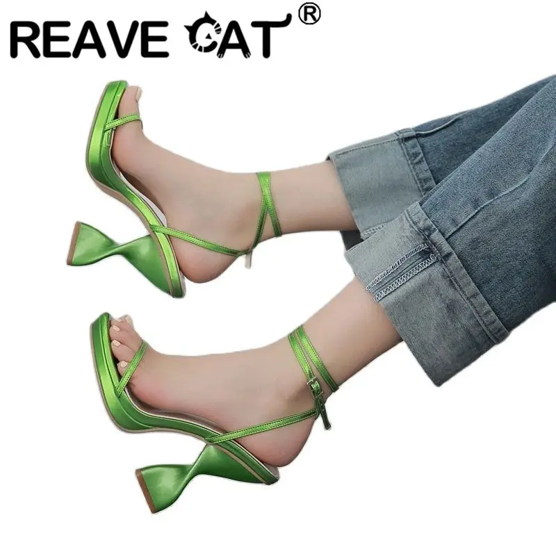 

REAVE CAT 2022 Woman Shoes Sandals Open Toe Strange Heels Back Buckle Strap Big Size 35-42 Sexy Elegant Solid Green Purple S3894
