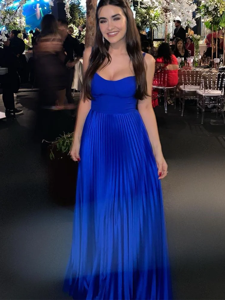 

Mandylandy Women Elegant Satin Mermaid Evening Dress Fashion Sexy Strap V Neck High Waist Corset Party Guest Pleated Dress