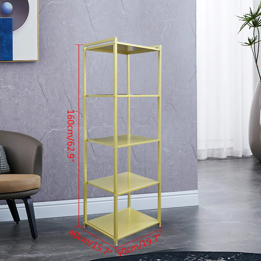 

5-Tier Metal Floor Free Standing Shelf Display Rack Shoe Bag Stand Gold Bookshelf Storage 5Tier Rack Display Shelves Organizer