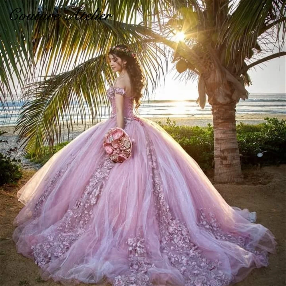 

Ligh Pink 3D Flowers Off The Shoulder Quinceanera Dresses Ball Gown Beaded Princess Sweet 16 Dresses Wedding Gown Luxury vestido