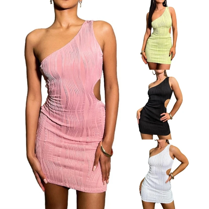 

Women Sexy One Shoulder Dress Sleeveless Holiday Dress Fashion Cut Out Dress Ins