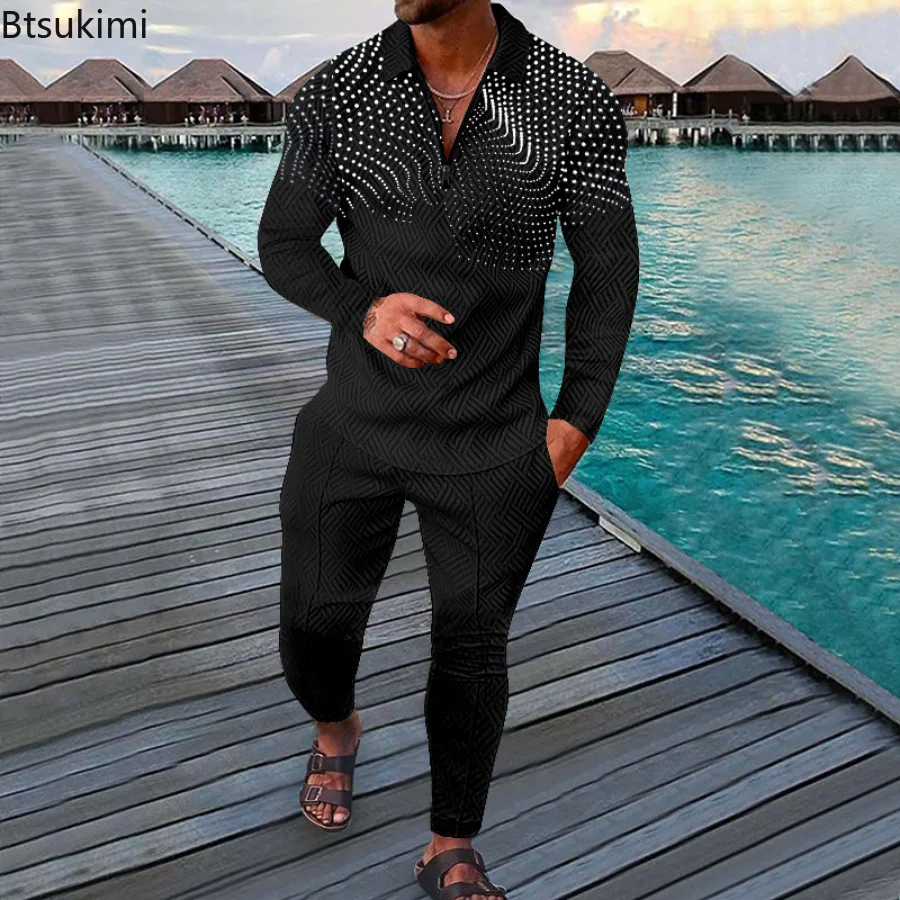 2023 Spring Autumn Men's Polo Shirt Set Long Sleeve V-neck Lapel Printing Streetwear Fashion Suits Casual Man Sets Printted Sets