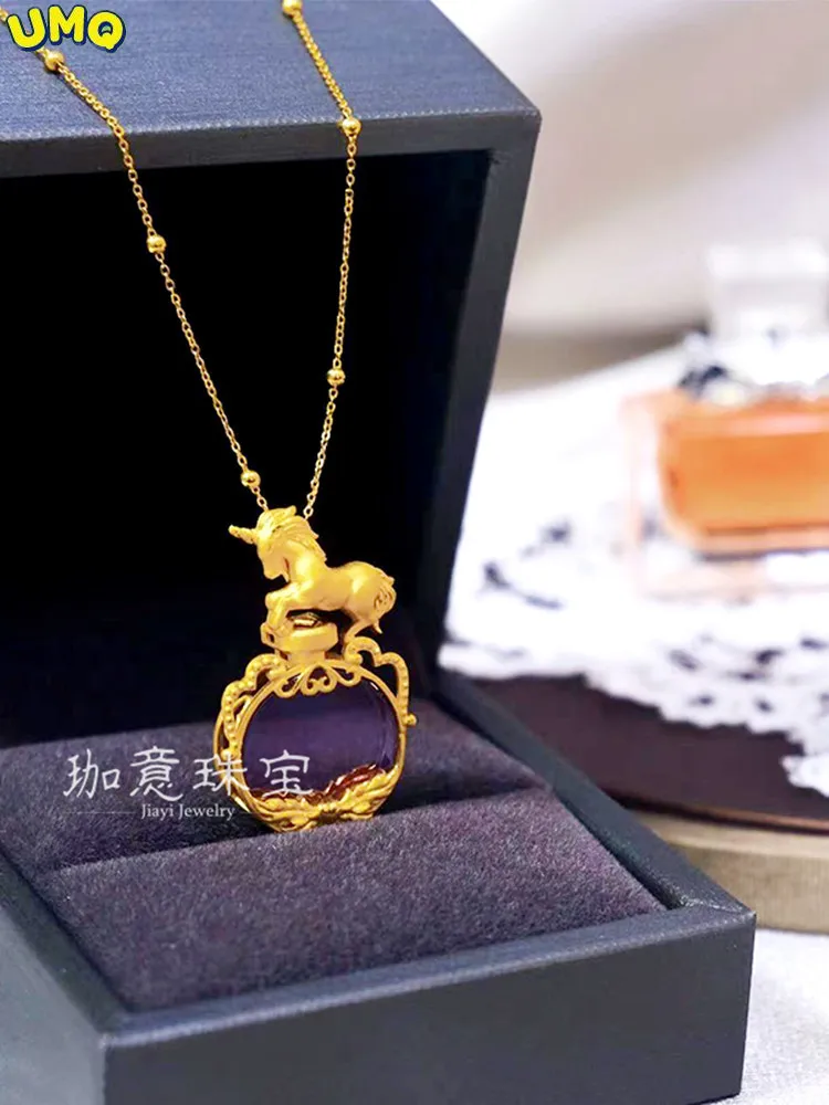 

Jiayi Jewelry Original Chinese Zodiac Unicorn Gold Natural Jewelry Full Gold Gem Inlaid Pendant Necklace Female Jewelry