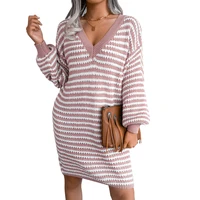 cydnee autumn winter new knitted dress striped hollow sweater pullover deep v neck lantern sleeve casual bottoming mini dress