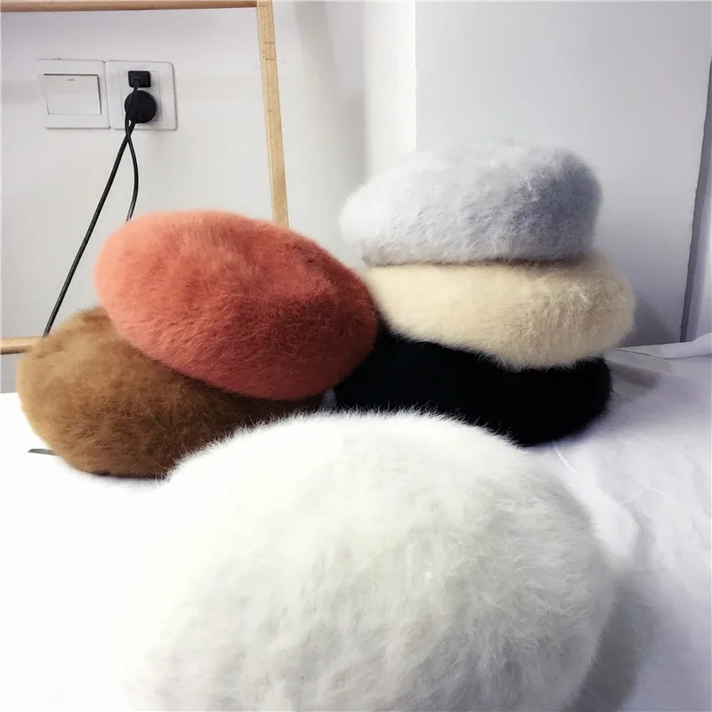 Black/White Fashion Classic Women Rabbit Fur Berets Autumn Winter Warm Thick Plush Hat Casual Solid Color Elegant Sweet Berets