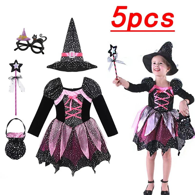 Костюм Ведьмы На Хэллоуин Для Девочек Платье Со Шляпой Эффектное Бальное