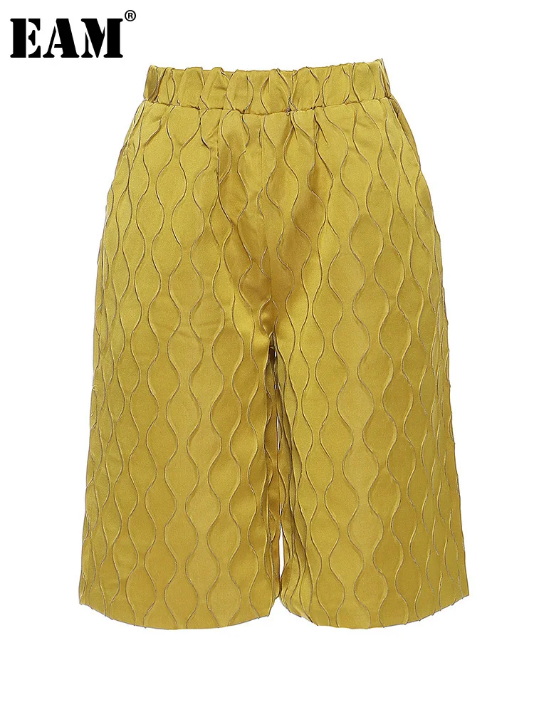 

[EAM] High Elastic Waist Yellow Jacquard Knee Length Trousers New Loose Fit Pants Women Fashion Tide Spring Autumn 2023 1DE7771
