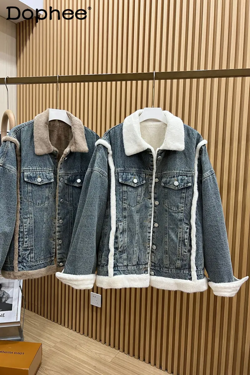 

2022 New Winter Clothes Temperament Lapel Patchwork Mink Fur Thick Warm Single-Breasted Denim Jacket Loose Cotton Jean Jacket