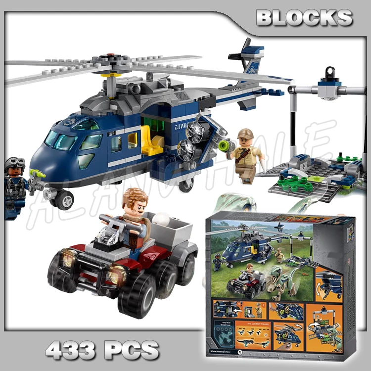 

433Pcs Jurassic World Blue's Helicopter Pursuit Bike Velociraptor Model Building Blocks Dinosaur Set Gifts Compatible with 10925