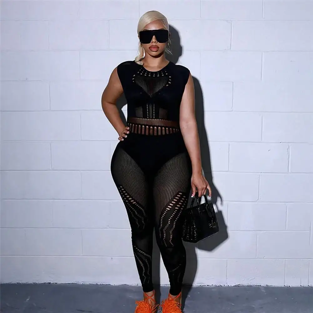 

See Through Hollow Out Fishnet Mesh Jumpsuit Sleeveless Backless Sexy Nightclub Outfit for Women Wholesale