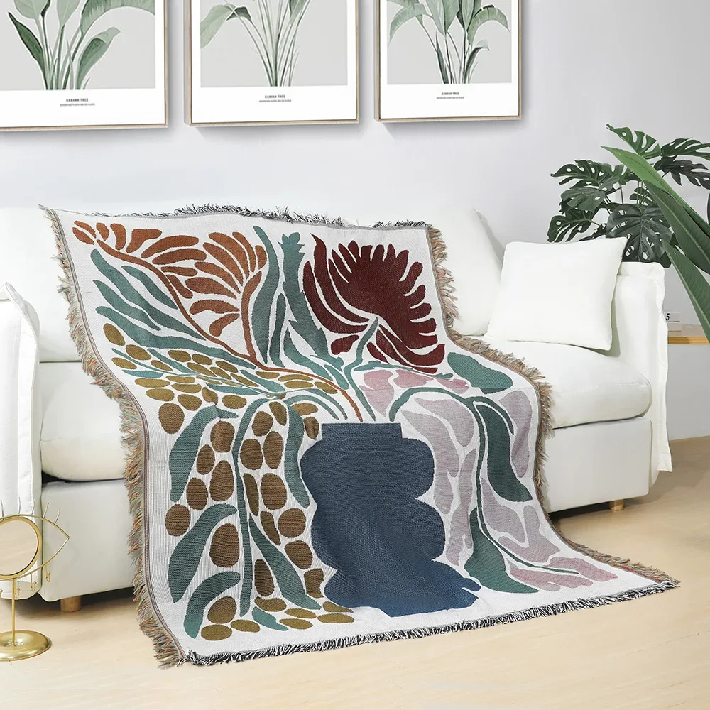 Домашнее декоративное одеяло с вазой и узором в стиле бохо двухстороннее для