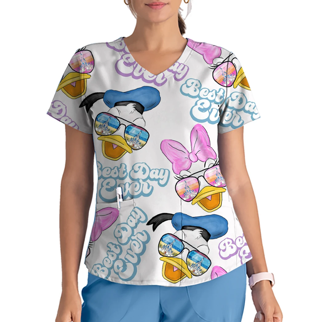 

2023 Summer Tops Disney Mickey Mouse Minnie V Neck Short Sleeve Pocket Scrub Tops Hospital Tops Nurse Uniform Tee Shirts