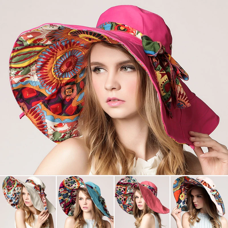 Double-sided Wear Summer Cotton Super Big Wide Brim Beach Hat Sun Hat Foldable Sun Block UV Protection Floral Panama Hat Women