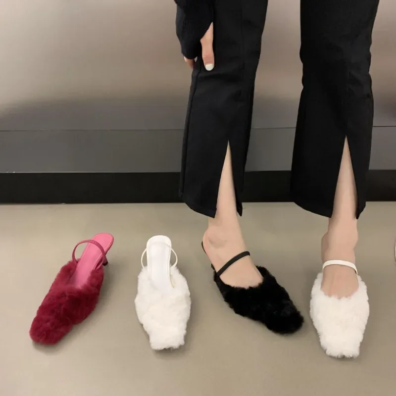 

New Slippers Women External Wear Fashion Temperament Hairy Half Slippers Female Fine with High Heel Baotou Slippers 2024 Autumn