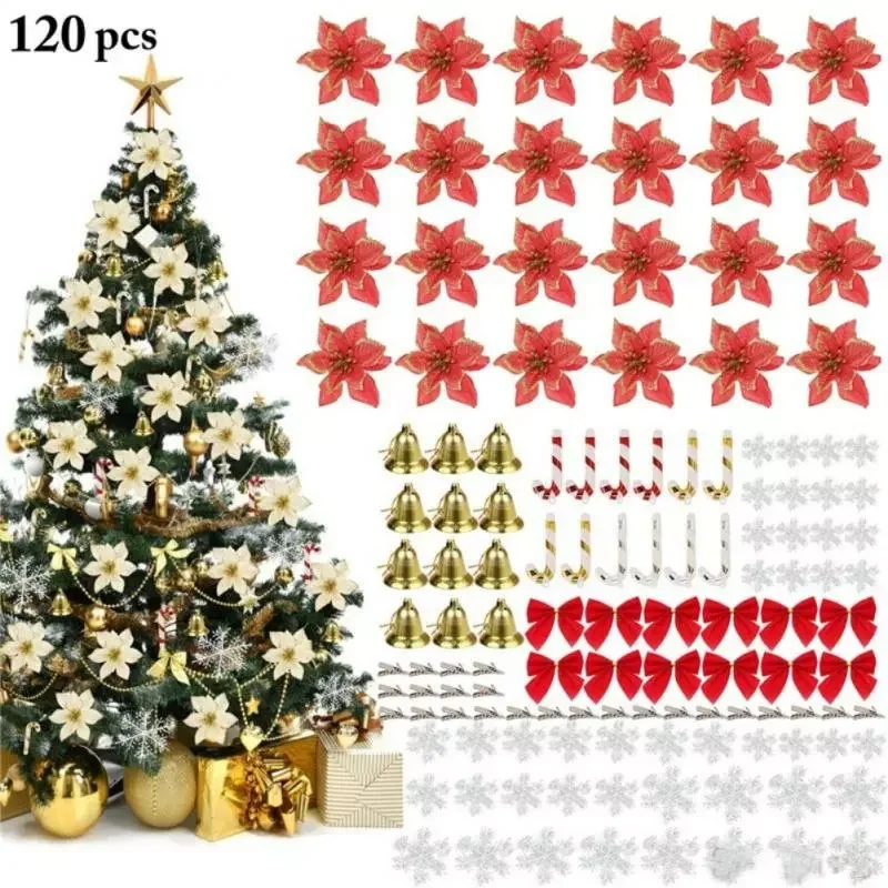 

120 Pcs/Set Christmas Tree Decoration Hanging Ornament Glitter Gold Flower Sets Pendant For Home Xma Party Snowflakes Bells