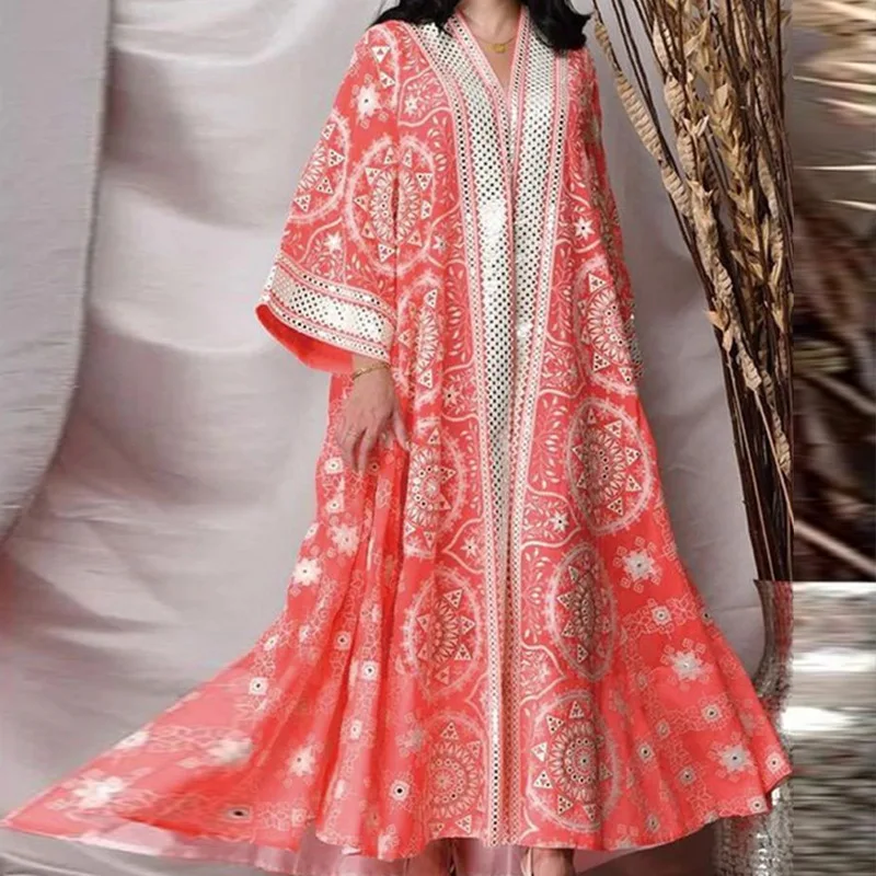 

Women's Dress Turkish Robe Spring and Summer Fashion Solid Color Loose Print Robe Women's Casual V-neck Batwing Sleeve Dress