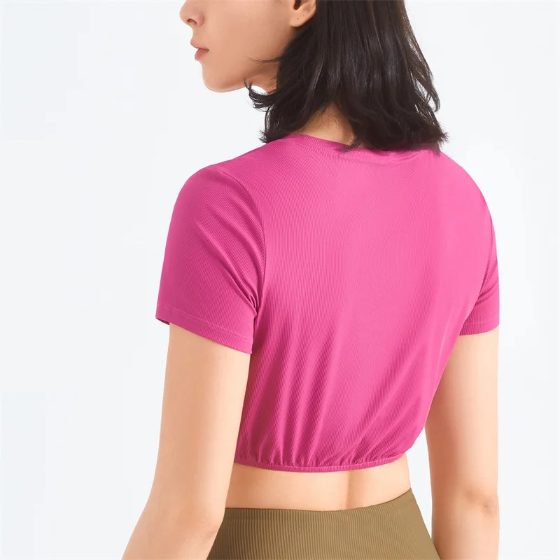 Solid Color Women Fitness crop Top Yoga Short Sleeve Ribbed Round neck Waistband T-shirt Slim Fit Elastic Sports Short Shirt Gym