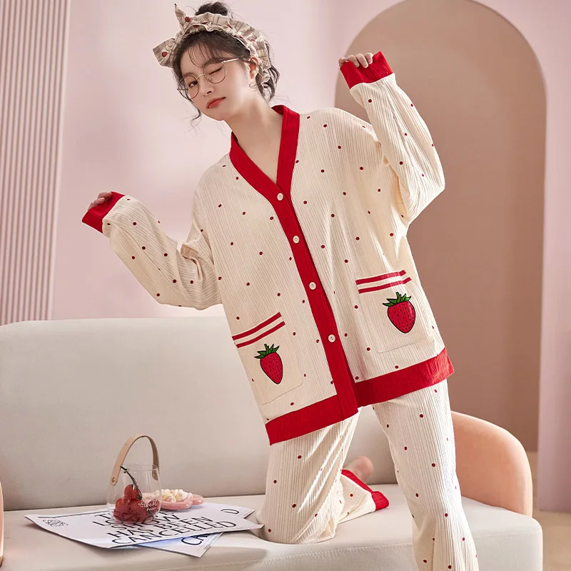 Yasuk Spring Autuum Fashion Women's Casual Print Pocket Sleepwear Homewear Cute Lovely Pajamas With Pants Soft Cotton Strawberry