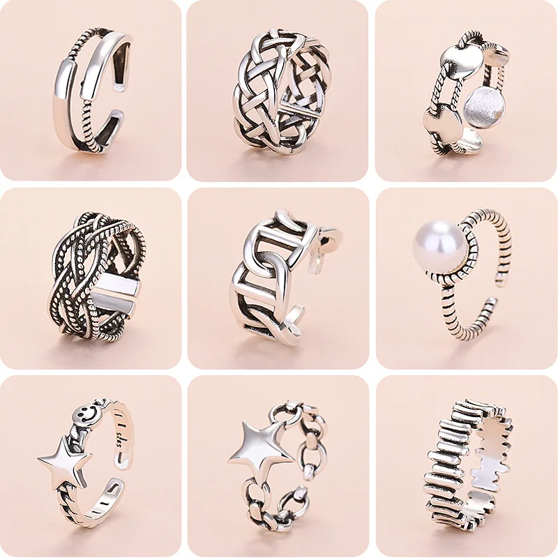 

Fashion Retro Punk Style Geometric Creative Marcasite Ring Open Adjustable for Women Men Student Minimalist Trendy Jewelry Gifts