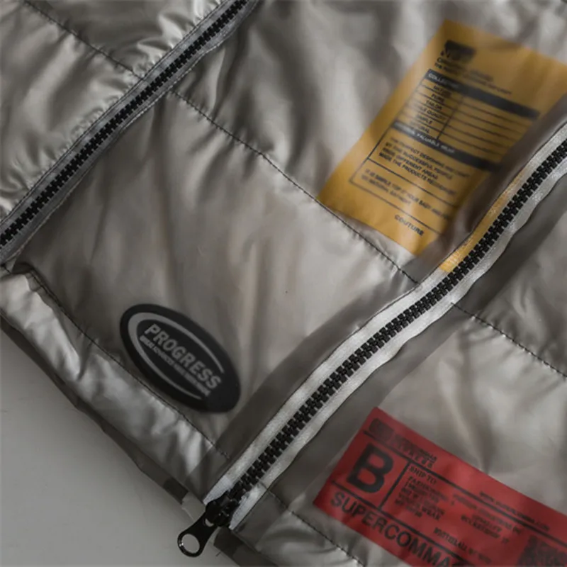 Men Hip Hop Oversize Padded Bomber Jacket Unisex Transparent DIY Decorative Label Parka Harajuku Winter Down Jacket Coat Outwear