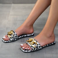 summer flip flop women slipper fashion leopard print metal decor shoes ladies square head casual flats sandal outdoor beach slid