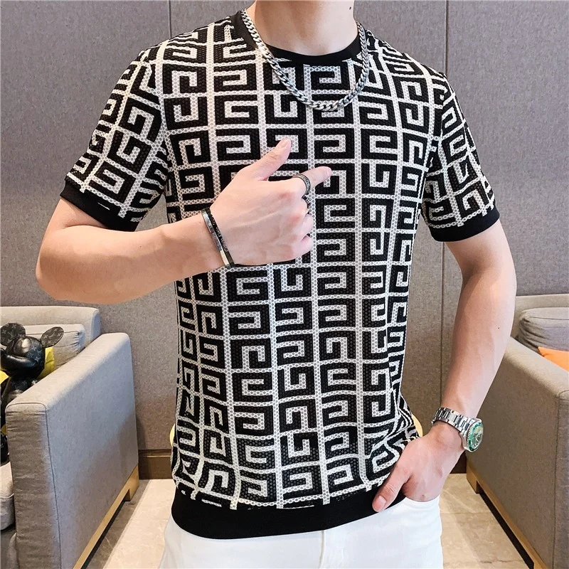 

Men T-shirt 2022 Summer New Short-sleeved Casual Tops T-shirt Hollow Quick-drying Ice Silk Round Neck T-shirt Male Clothing