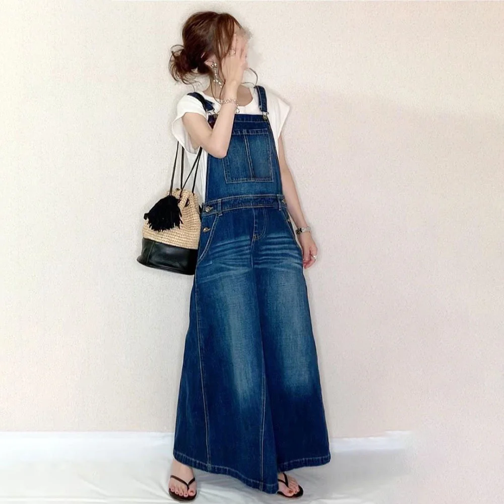 

Women Strap Denim Dress Washed Polished Japanese Loose Strap Ladies Long Dresses Casual Pocket 2023 Fall Female Clothes Spring