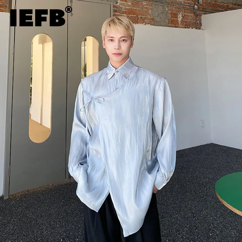 

IEFB Men's Mesh Shirts Summer Thin New Silk Satin Pleated Lace Design Tops Turn-down Collar Long Sleeve Perspective Shirt 9A7954
