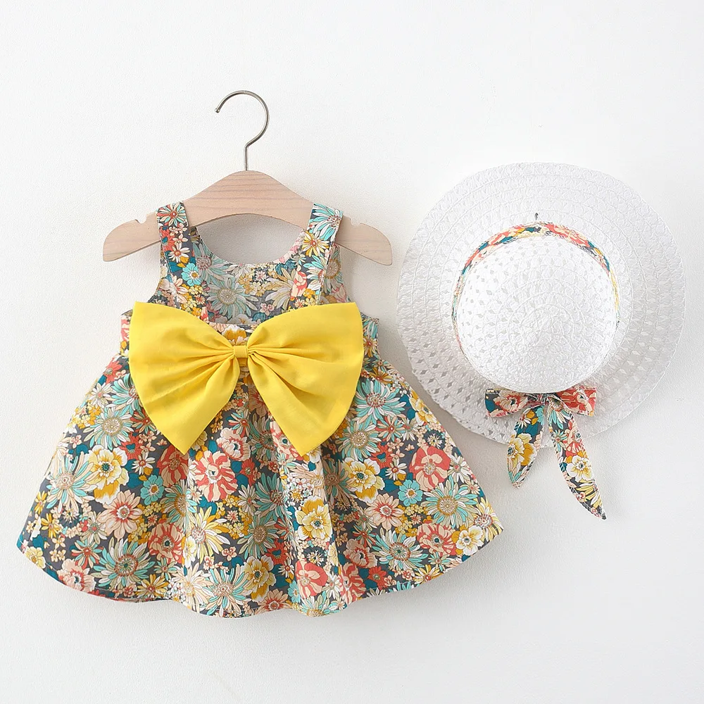 Children's dress bowknot Toddler dress pastoral princess dress and hat two piece set baby beach dress 2 3 4 5 6 Years