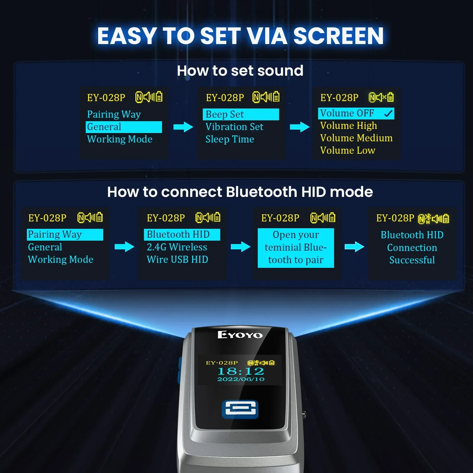 Мини-сканер Eyoyo Bluetooth-сканер QR-кода с ЖК-дисплеем портативный беспроводной 1D