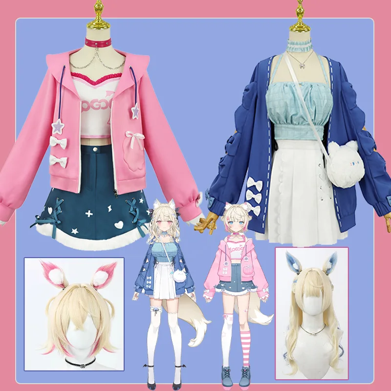 Hololive EN Fuwawa Mococo Аниме Vtuber Косплей Костюм: Новый костюм Fuwa Moco парик праздничное