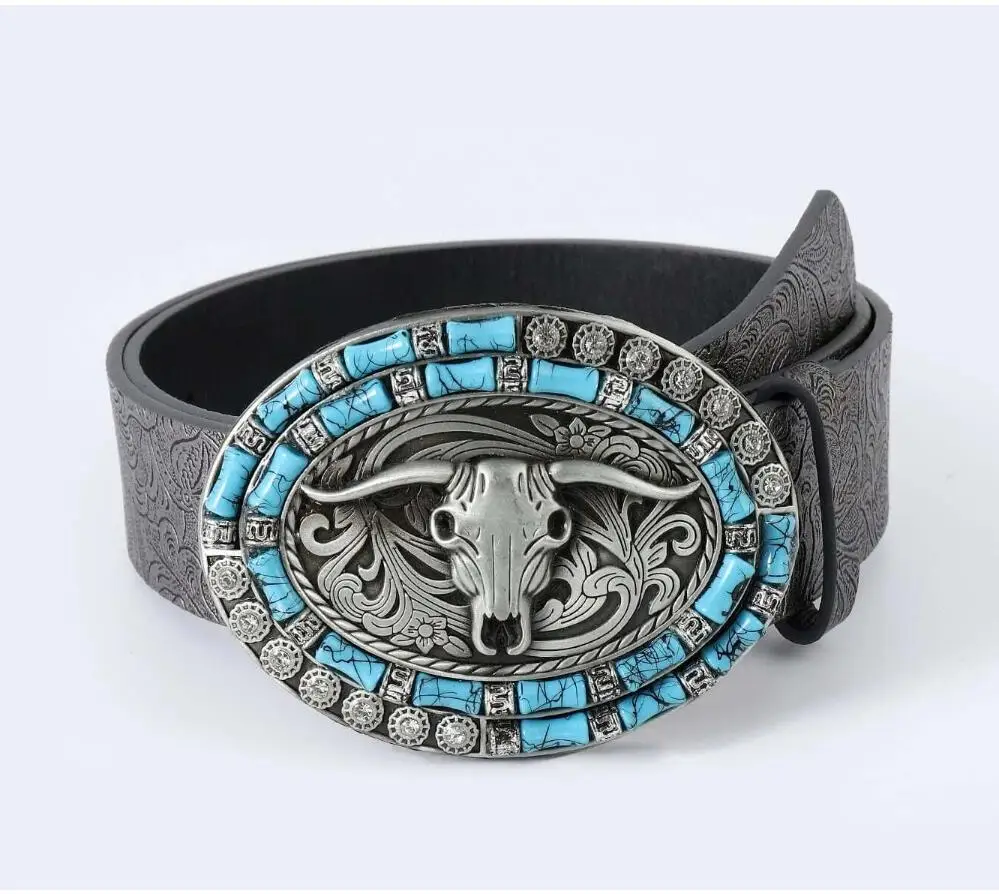 Fashion Classic Embossed Western Pattern Strap Bull Buckle Belts for Men