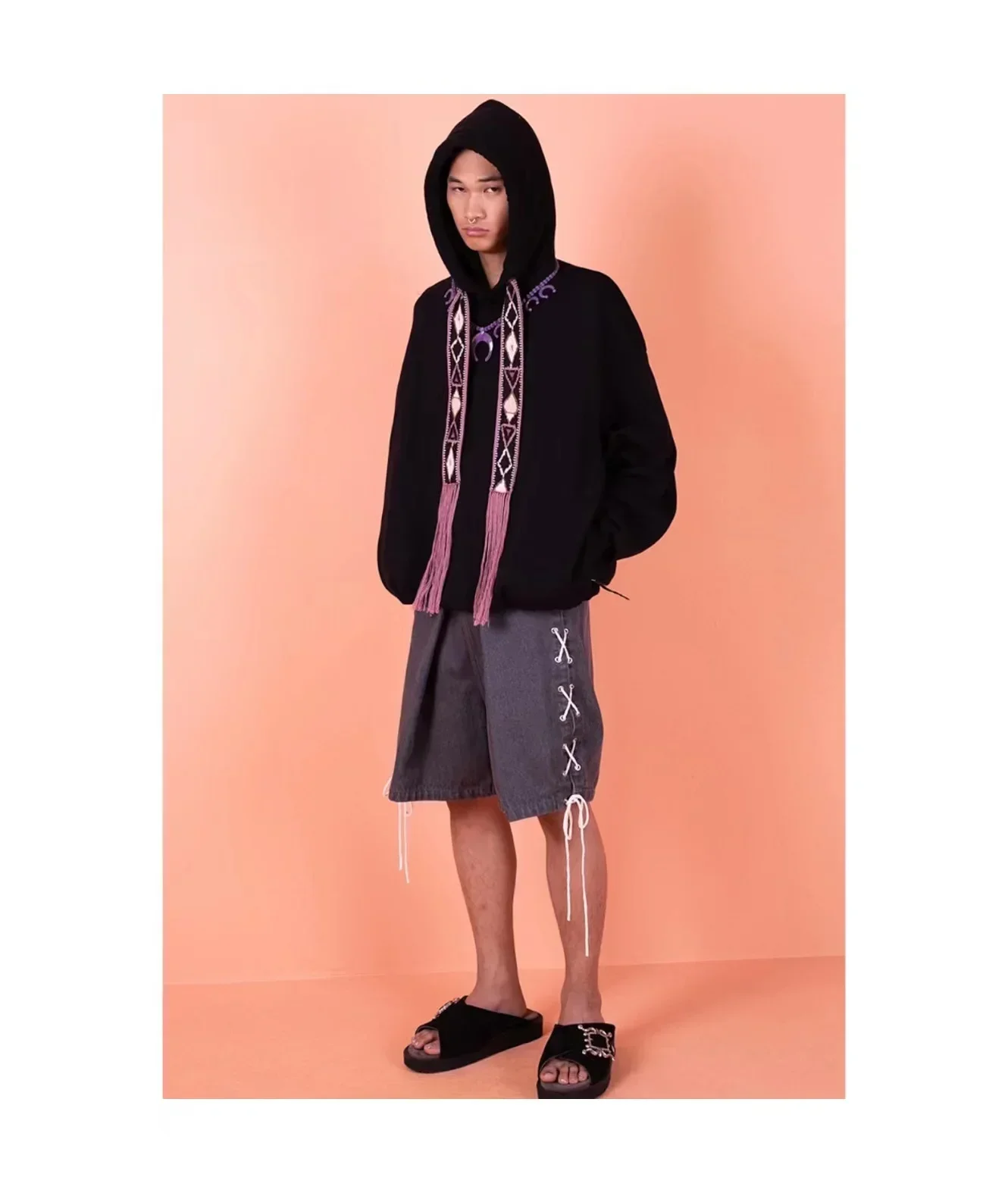 Фото Мужские толстовки KAPITAL Hiroda 23SS, двухцветные, в японском винтажном стиле, с геометрическим узором, бахромой, этнической вышивкой и лентами, свободного кроя, с капюшоном №3
