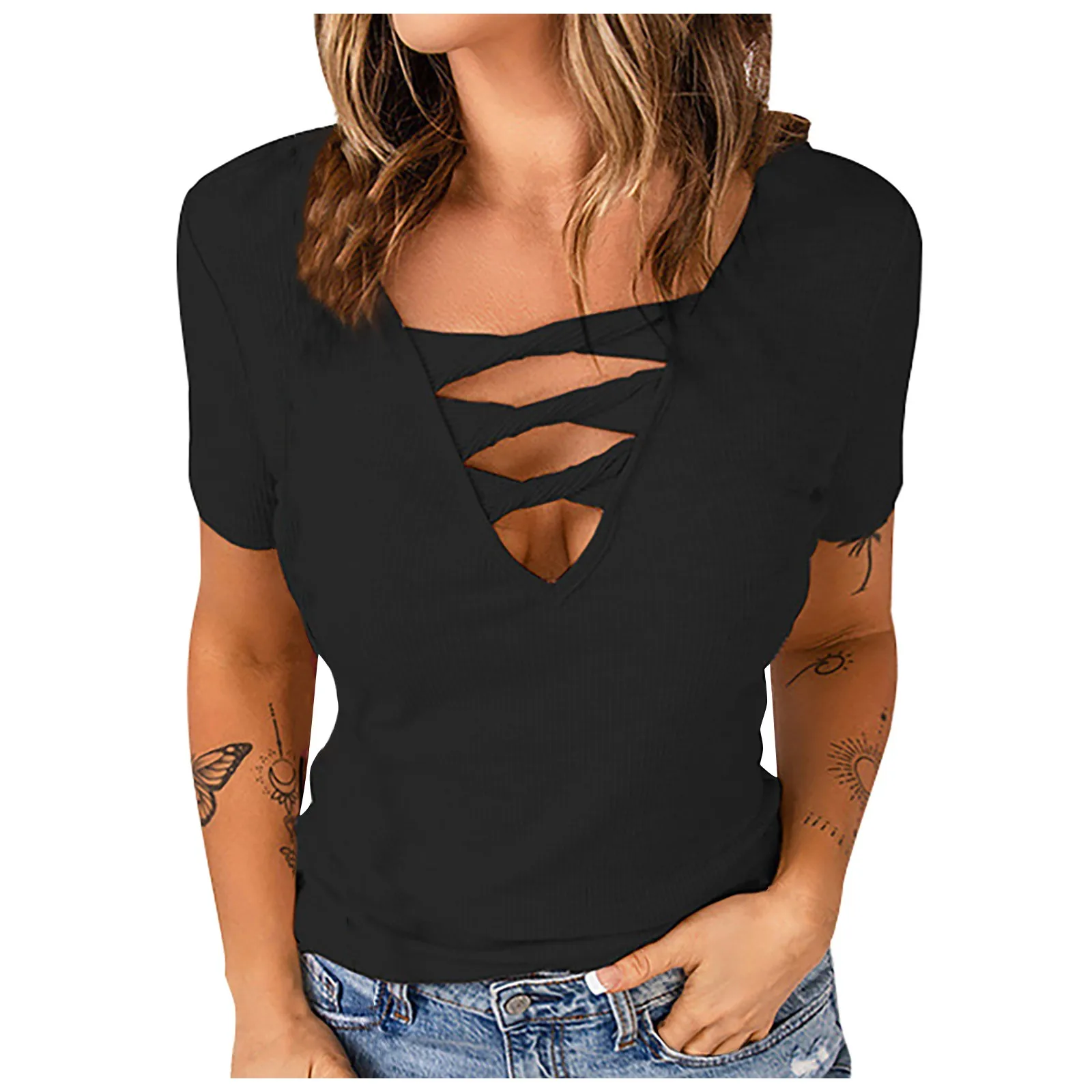 

Women T-shirts Summer Sexy Casual Short Sleeve V Neck Blouse Ladies Hollow Out Solid Color Button Tops Streetwear