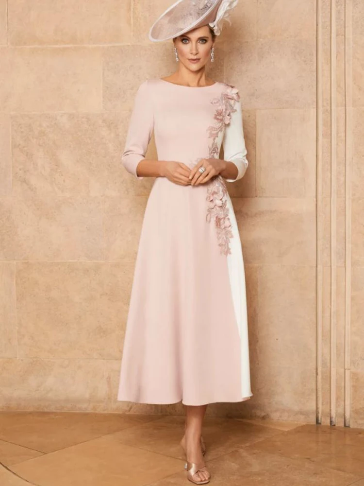 

Pearl Pink Mother Of The Bride Dresses For Women 2022 Sheer Neck Tea-Length Evening Dresses For Wedding Party Gowns Vestidos