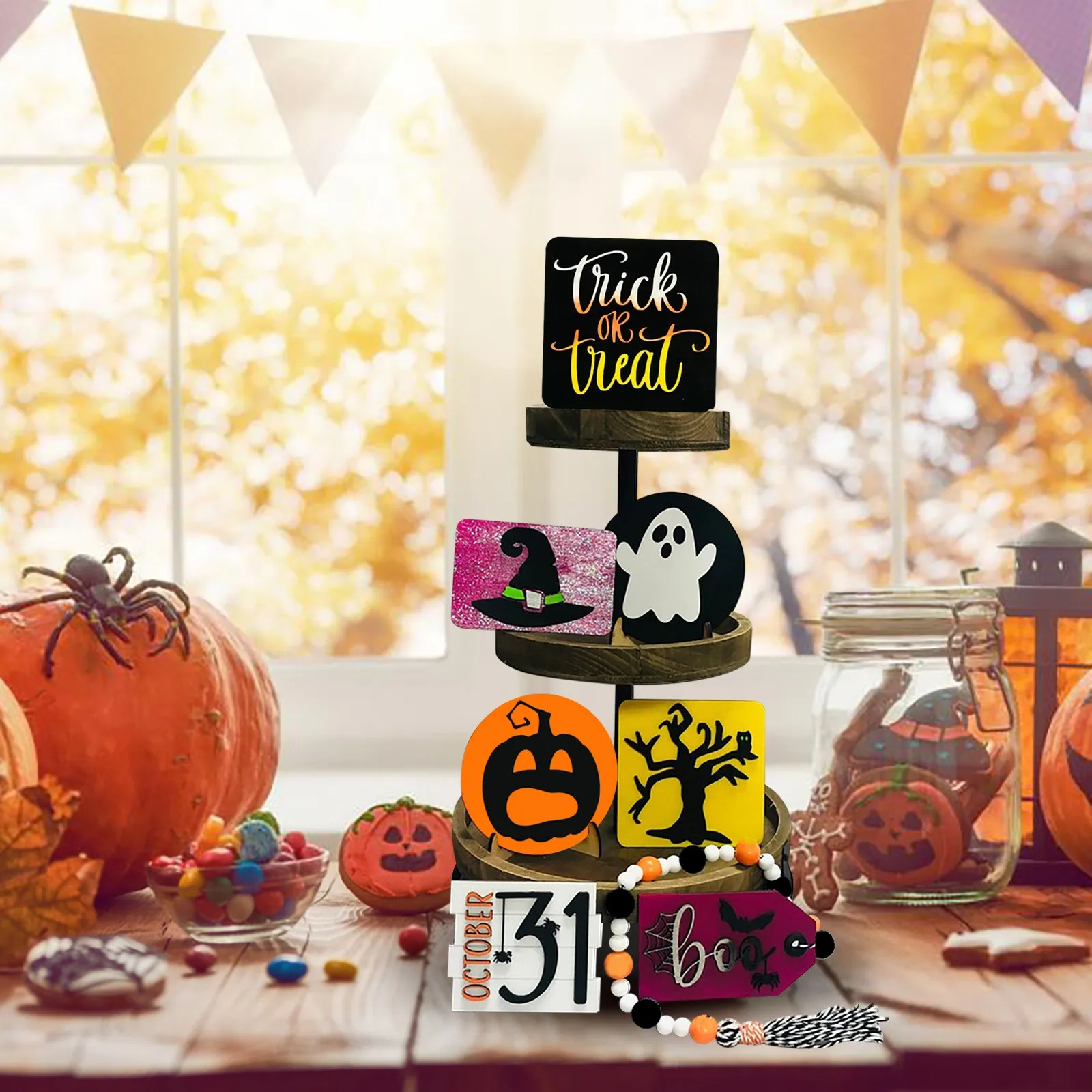 

Halloween Tiered Tray Decor Horror Decor Wooden Easter Bunny Spring Gnomes Decorations for Home Large Wood Bead Garland